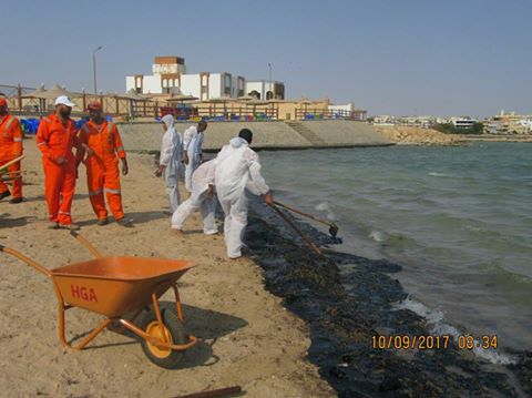 البيئة :- استمرار اعمال مكافحة التلوث الزيتى بابو جلاوة