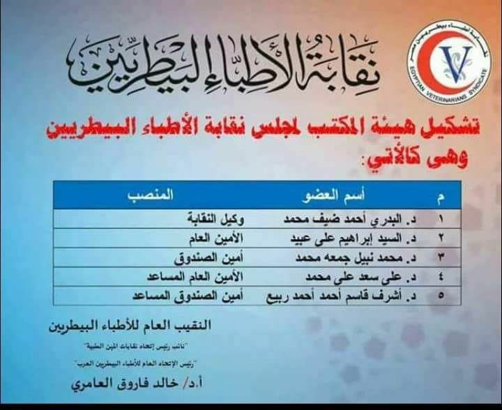 تشكيل هيئة مكتب نقابة الأطباء البيطريين واختيار ” أبو ضيف ” وكيل النقابة