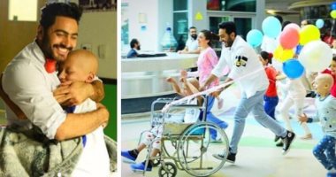 الفنان تامر حسنى يدخل البهجة علي أطفال مستشفي 57357