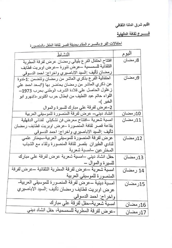 غدا الخميس إفتتاح ليالى رمضان الثقافية والفنية بثقافة الدقهلية