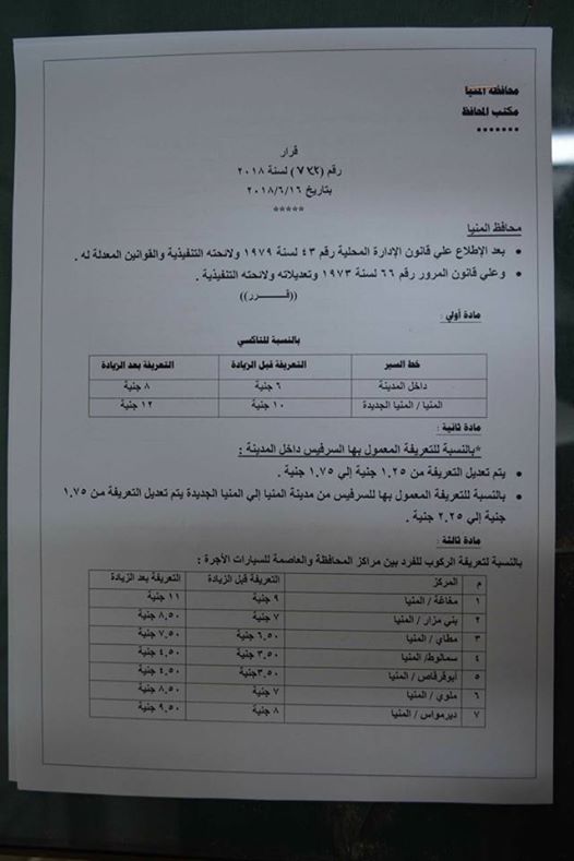 محافظ المنيا، يعتمد الزيادة الجديدة لتعريفة الأجرة عقب تحريك أسعار الوقود